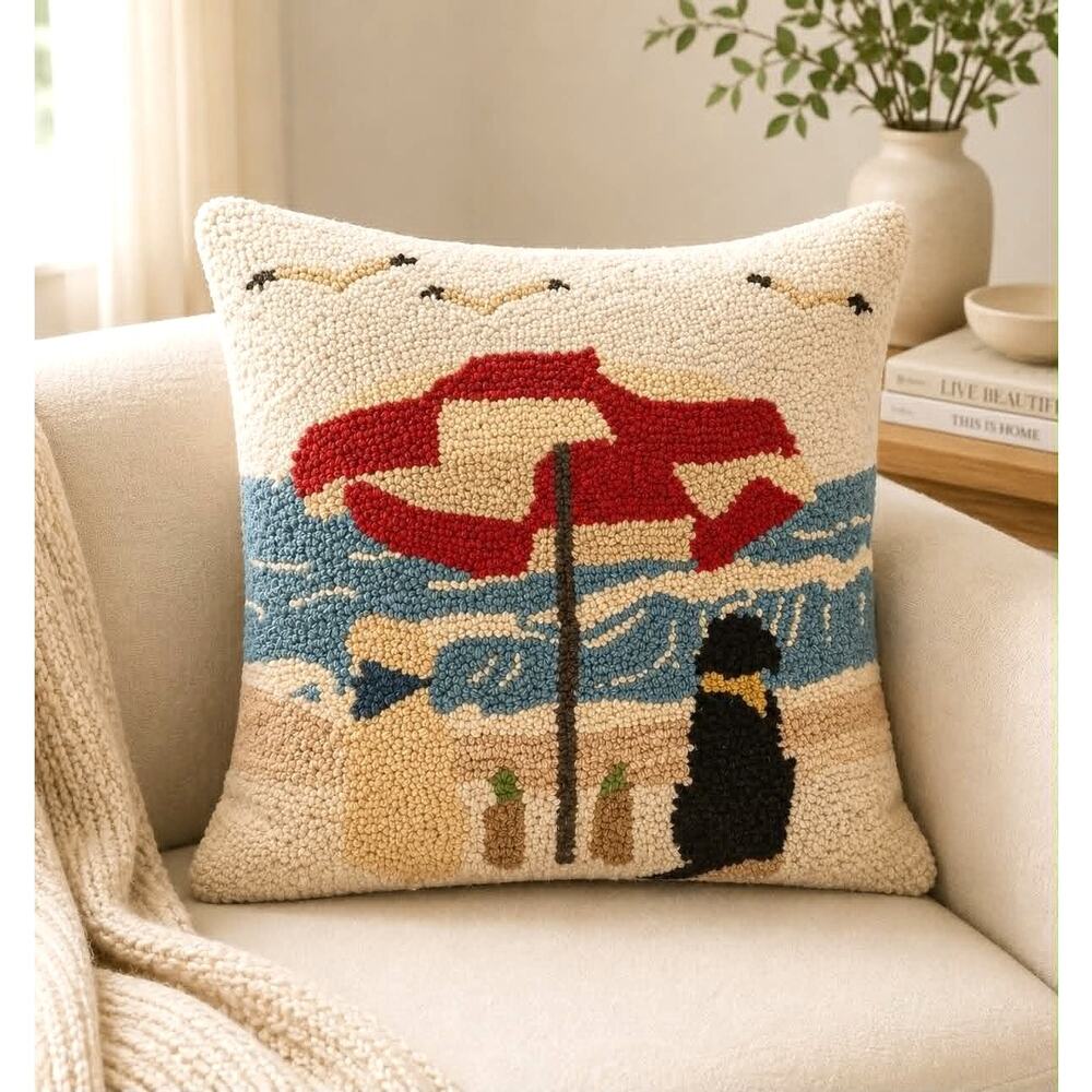 Vintage Style Hooked Wool Coastal Pillow Beach Umbrella Ocean Black Dog Seagulls
